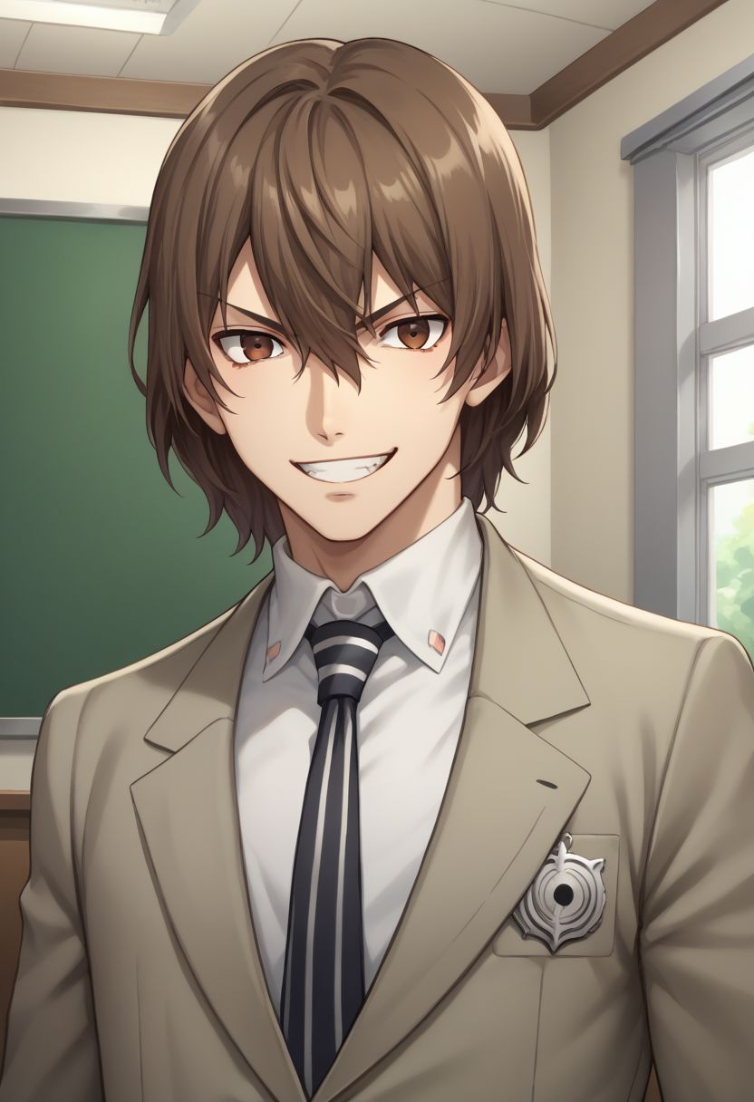 score_9, score_8_up, source_anime, highly detailed, 1boy, solo, male_focus, 
goro, brown hair, male focus, 1boy, necktie, brown eyes, school uniform, formal,looking at viewer, suit, hair between eyes, shirt, collared shirt, jacket, striped necktie. evil grin,
inside, stand, dark,