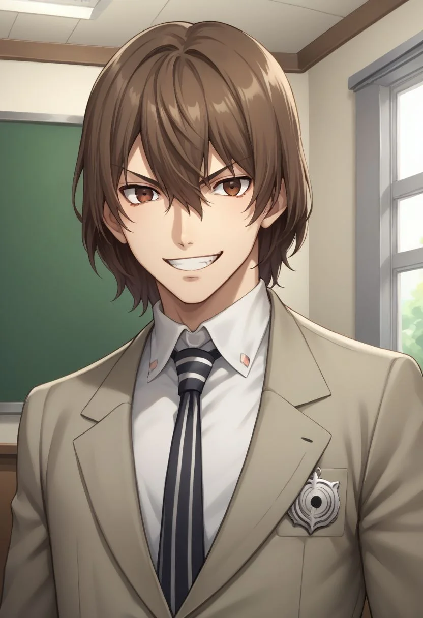 score_9, score_8_up, source_anime, highly detailed, 1boy, solo, male_focus,
goro, brown hair, male focus, 1boy, necktie, brown eyes, school uniform, formal,looking at viewer, suit, hair between eyes, shirt, collared shirt, jacket, striped necktie. evil grin,
inside, stand, dark,