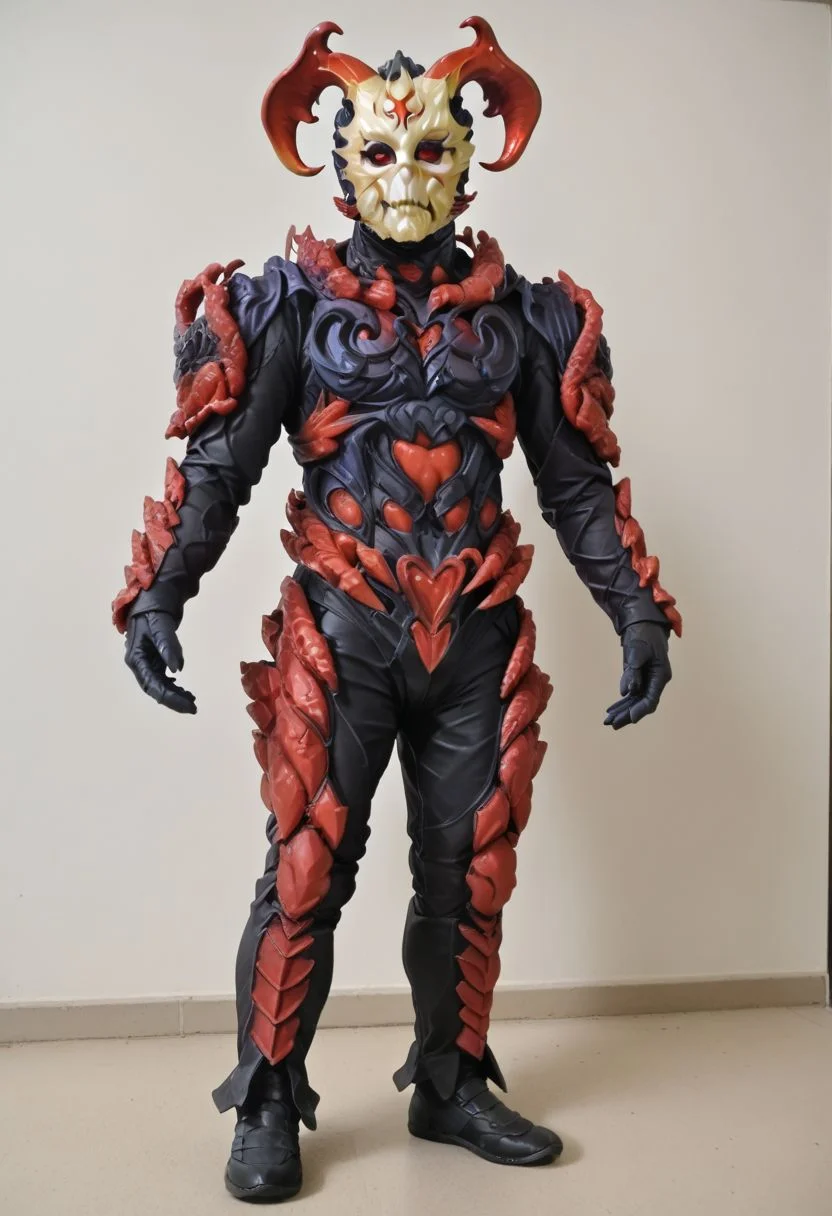 demonrace, red eyes, full body, standing, horns, mask