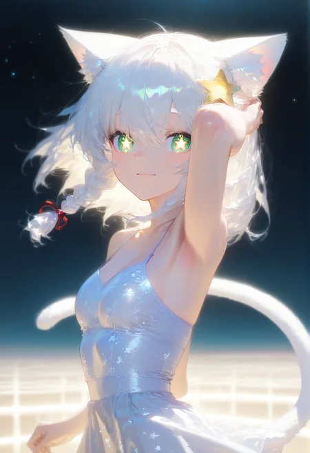 score_9_up, masterpiece, best quality, amazing quality, very aesthetic, absurdres, newest, scenery, detailed hair, 1girl, solo girl, dancing in moonshine, dark stage, close up,
<lora:Mia_White_Pony_V3.0:1> Mia White, white medium hair, braid, animal ears, star shaped pupils, star hair ornament, cat tail, (((adult))), small breasts, white dress,