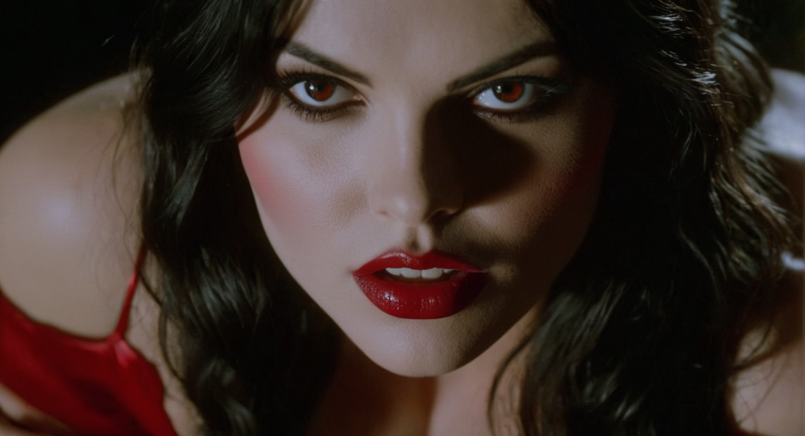 cinematic film still of  Cinematic Film stock footage in (arri alexa style) Kodak film print,  <lora:vampirella:1> Vampirella naked breasts vampire super-heroine  horror comics magazine Vampire Creepy and Eerie, shallow depth of field, vignette, highly detailed, high budget, bokeh, cinemascope, moody, epic, gorgeous, film grain, grainy