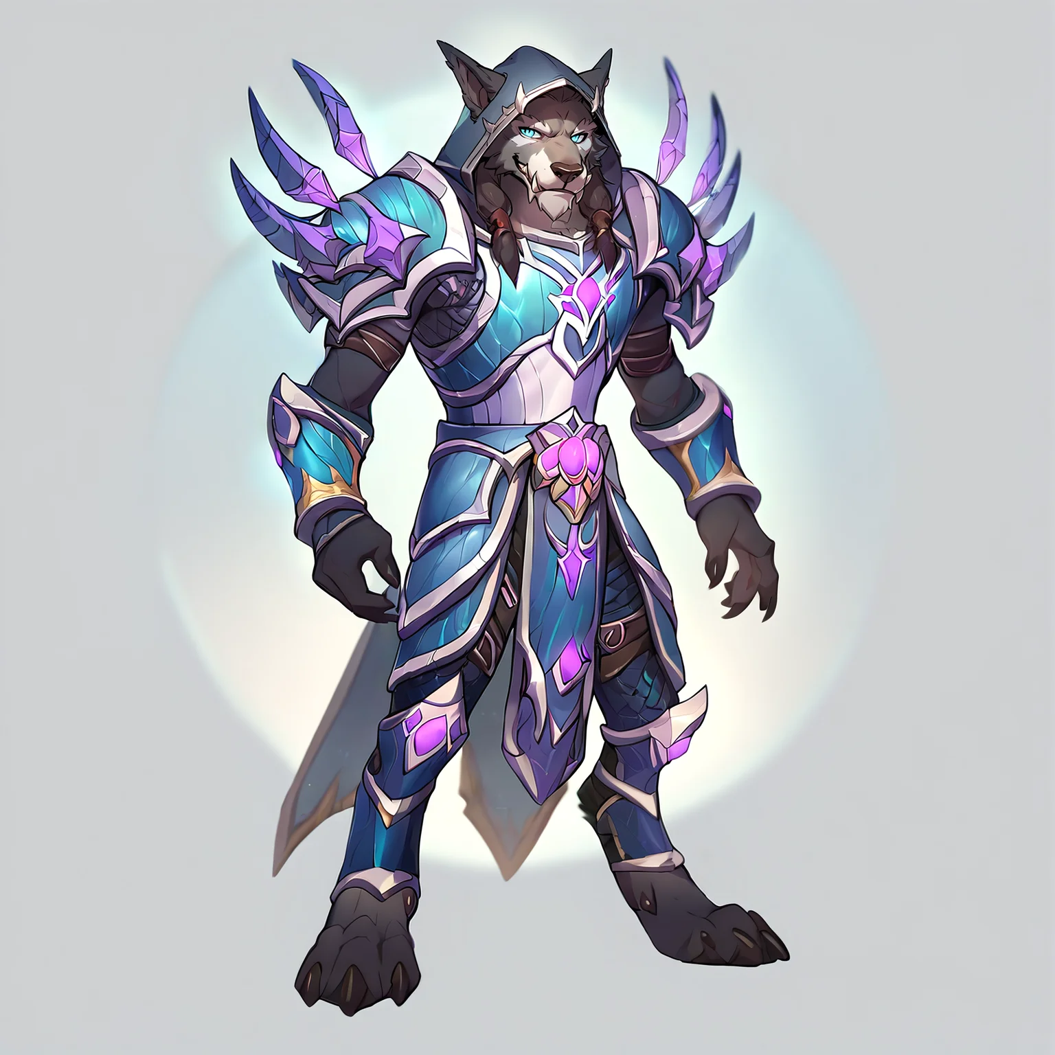 score_9, score_8_up, score_7_up, score_6_up, score_5_up, score_4_up, rating safe, source furry, worgen, warcraft, male, anthro, standing, world of warcraft, armor, armor, plate armor, wearing hood, glowing blue eyes, full-length portrait <lora:Worgen_for_XL:0.8>