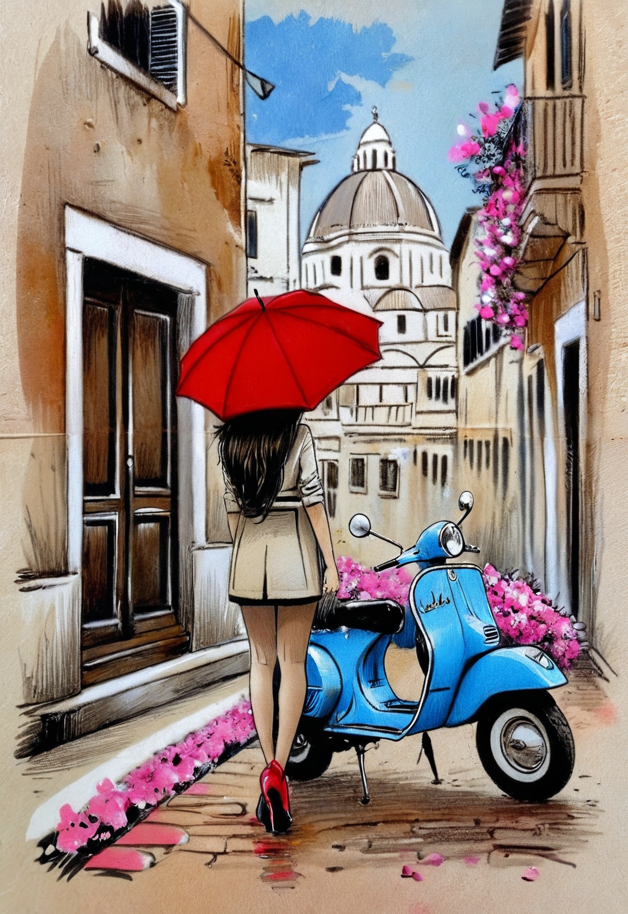 1girl, ground vehicle, by LOUI JOVER, solo, long hair, architecture, sketch, red umbrella, black hair, traditional media, scenery, outdoors, flower, building, vespa
<lora:LOUIJOVER#SXDL1.0#by Loui Jover#v2.00#-000006-rs.sv_fro.0.999-nr.0128:0.85>