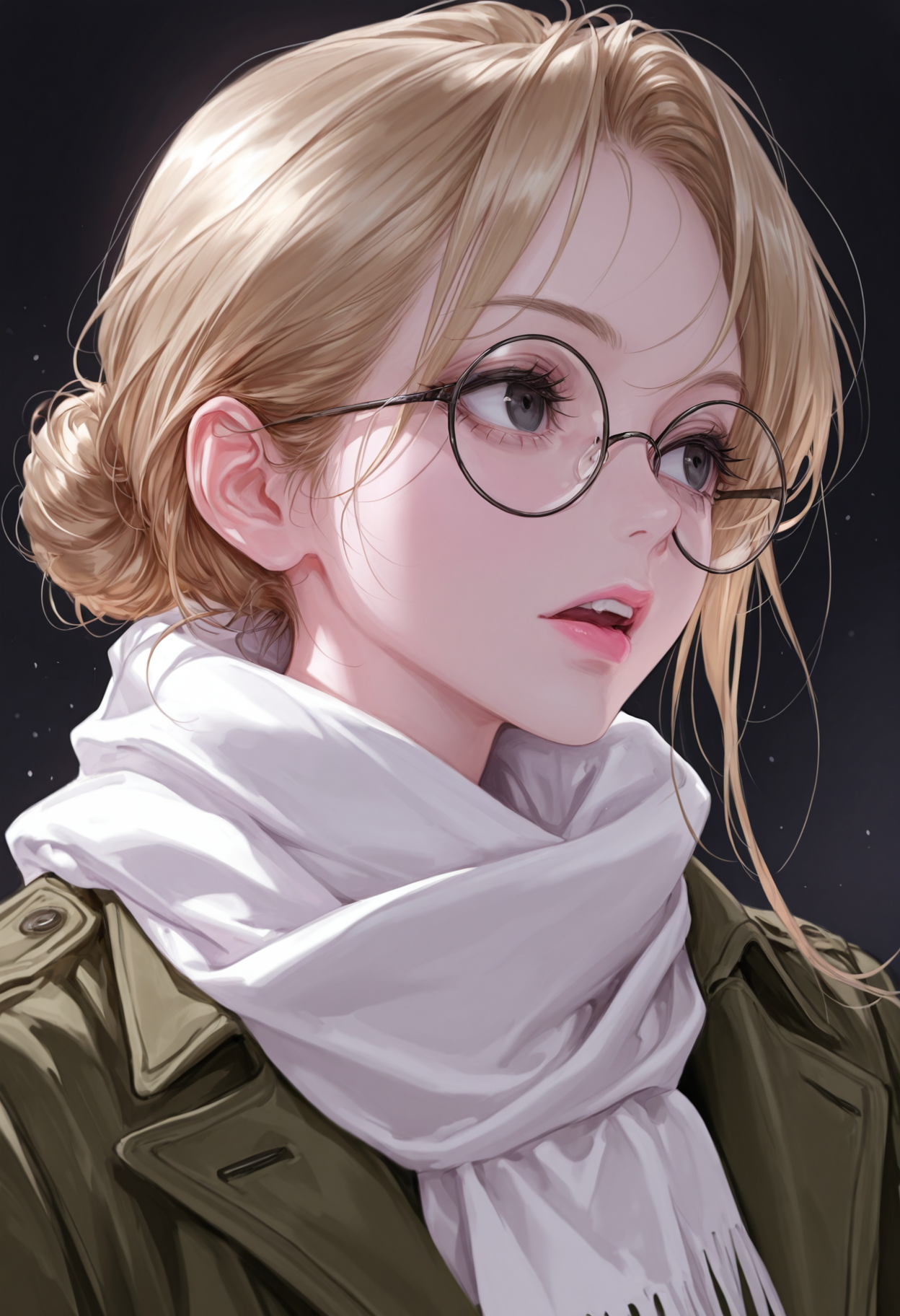 bm94199, 

1girl, black eyes, blonde hair, coat, dark background, glasses, green coat, hair behind ear, hair bun, lips, long hair, looking to the side, parted lips, portrait, round eyewear, scarf, solo, teeth, upper body, upper teeth only, white scarf, 

masterpiece, best quality, amazing quality, 