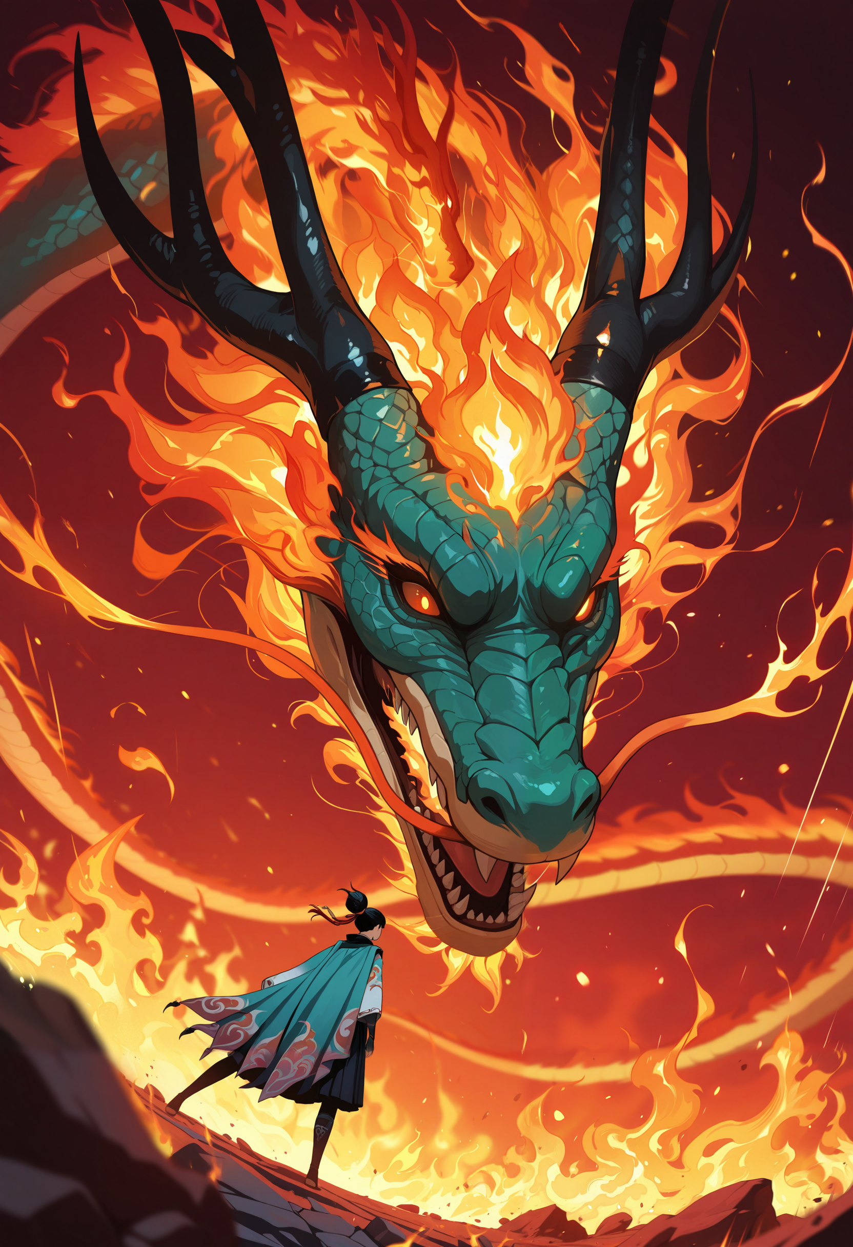 masterpiece, best quality, good quality, very aesthetic, absurdres, newest, 8K, depth of field, close up, 1girl, fighting, huge eastern dragon, dynamic angle, motion lines, battle, fiery background, flames, mist, asian, 