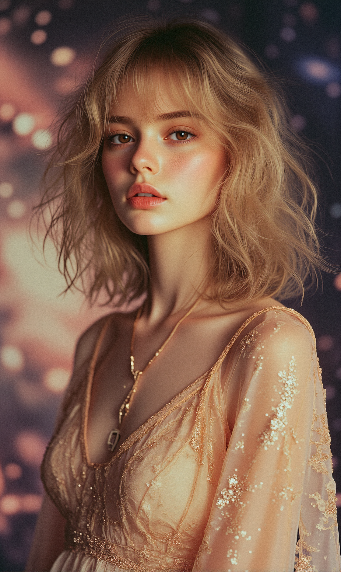 A photorealistic depiction of A gorgeous woman, OBbllai with light brown eyes and asymmetrical golden hair, her glossy lips and skin meticulously detailed. She wears a glittering, intricately designed dress, The background is a dimly lit galaxy backdrop filled with swirling particles, wind, and flowers. Her divine aura and voluptuous body are highlighted beautifully.

Visual Aesthetics:
Subtle underlighting, making her face appear more mysterious and divine.
Glossy lip reflections, catching the faint light in the dim galaxy backdrop.
Nebulae swirling in the background, with soft hues of pink and purple.
Sparkling particles of space dust, twinkling softly around her.
Gentle wind moving her short hair, giving a soft, natural motion.
Layered chiffon dress, each layer catching the light differently.
Detailed iris patterns, capturing the light and swirling galaxy in her eyes.
Intricate gold patterns on her dress, glowing faintly in the low light.
Detailed highlights on her hair strands, reflecting the galaxy's light.
Dim galaxy light, with soft glows from distant stars.
Dim lighting enhancing the shadows, creating depth while keeping the focus on her.

standing With one hand extended forward, as if she's gently pushing the swirling particles away, her expression calm and focused.






















