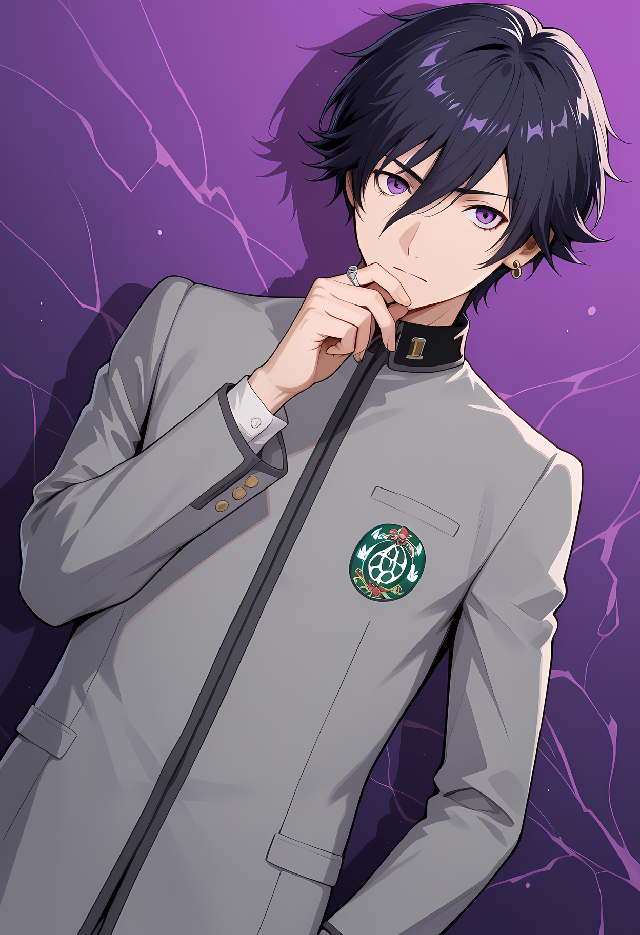 masterpiece, best quality, amazing quality, dutch angle, abstract background BREAK
1boy, male, solo, male focus, p1_naoya,  black hair, short hair, purple eyes, ring earring, grey school uniform, BREAK
<lora:cfg_scale_boost:.6>  <lora:Naoya_Toudou_-_Persona_-_ILXL:1>