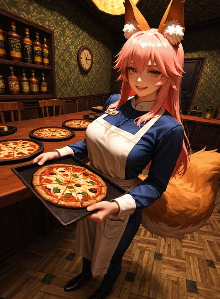 kingpin, realistic, masterpiece, best quality, amazing quality, very aesthetic, absurdres, newest, tamamo_no_mae_\(fate\):1.2, full_body, chef_uniform, holding_tray:1.2, pizza:1.2, fancy_restaurant:1.2, art_deco_interior, luxury_interior, marble_floor, golden_lighting, warm_lighting, detailed_background, elegant_setting, confident_pose, smiling, fox_ears, pink_hair, long_hair, tail, dynamic_angle, ornate_furniture, standing, cinematic_lighting, soft_shadows, upscale_mood, ambient_occlusion, white_apron, food_service, <lora:Kingpin_-_Life_of_Crime_Style_E17_DIM16_ILXL_V1.2:1>. <lora:dmd2_sdxl_4step_lora:1>