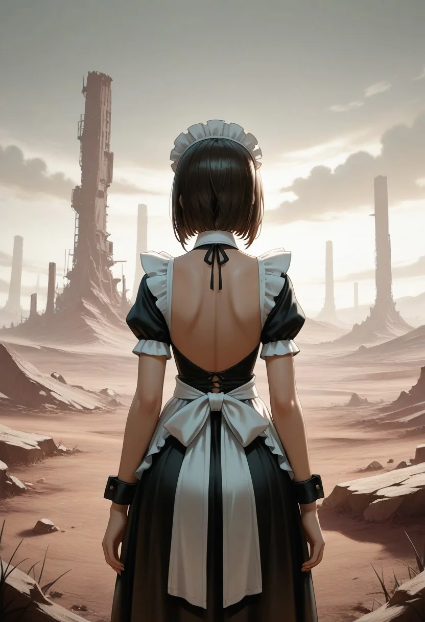 maid, from behind, wasteland, backless