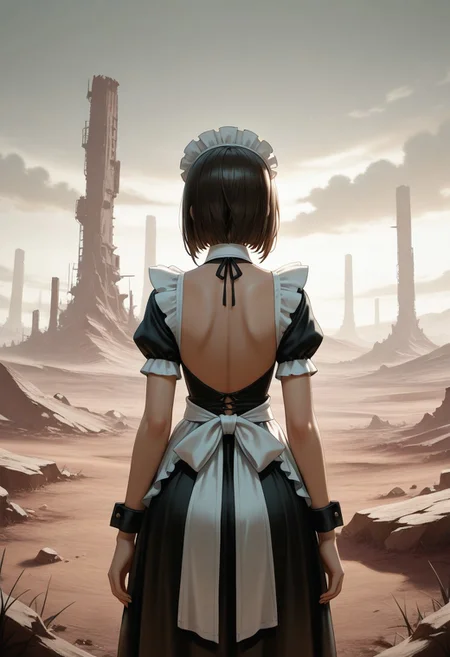 maid, from behind, wasteland, backless