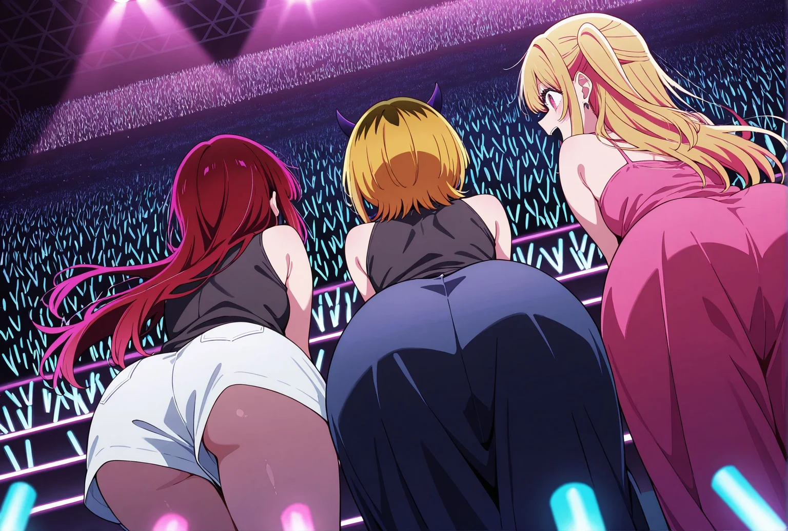 masterpiece, best quality, newest, absurdres, highres, detailed eyes, beautiful, detailed background, perfect eyes, anime coloring, anime screencap,
<lora:multiple_ass:1>Multiple_Asses_V1 ,
ass, (3girls:1.4), lined up,
from behind,
multiple girls, upp
idol, Singing on the stage, the audience is below,
spectators, Dust, (Crowded:1.4),
Glow sticks
music concert,
spotlight, microphone,
music,
oshi no ko, official art,
BREAK
arima kana,
memcho,
hoshino ruby,