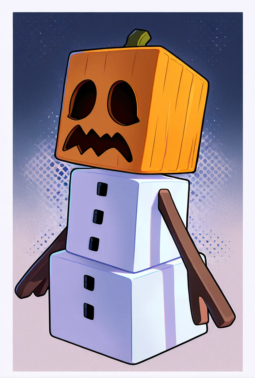 <lora:snowglm-10:1> snowglm, no humans, white body, pumpkin head, solo, standing, cube head, cube body, stick hands, brown arms, sharp mouth, big mouth, ice background,, masterpiece, best quality, amazing quality, very aesthetic, absurdres, newest,, upper body, halftone effect, white borders, abstract background:1.2,