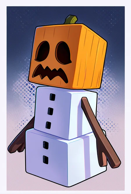 <lora:snowglm-10:1> snowglm, no humans, white body, pumpkin head, solo, standing, cube head, cube body, stick hands, brown arms, sharp mouth, big mouth, ice background,, masterpiece, best quality, amazing quality, very aesthetic, absurdres, newest,, upper body, halftone effect, white borders, abstract background:1.2,