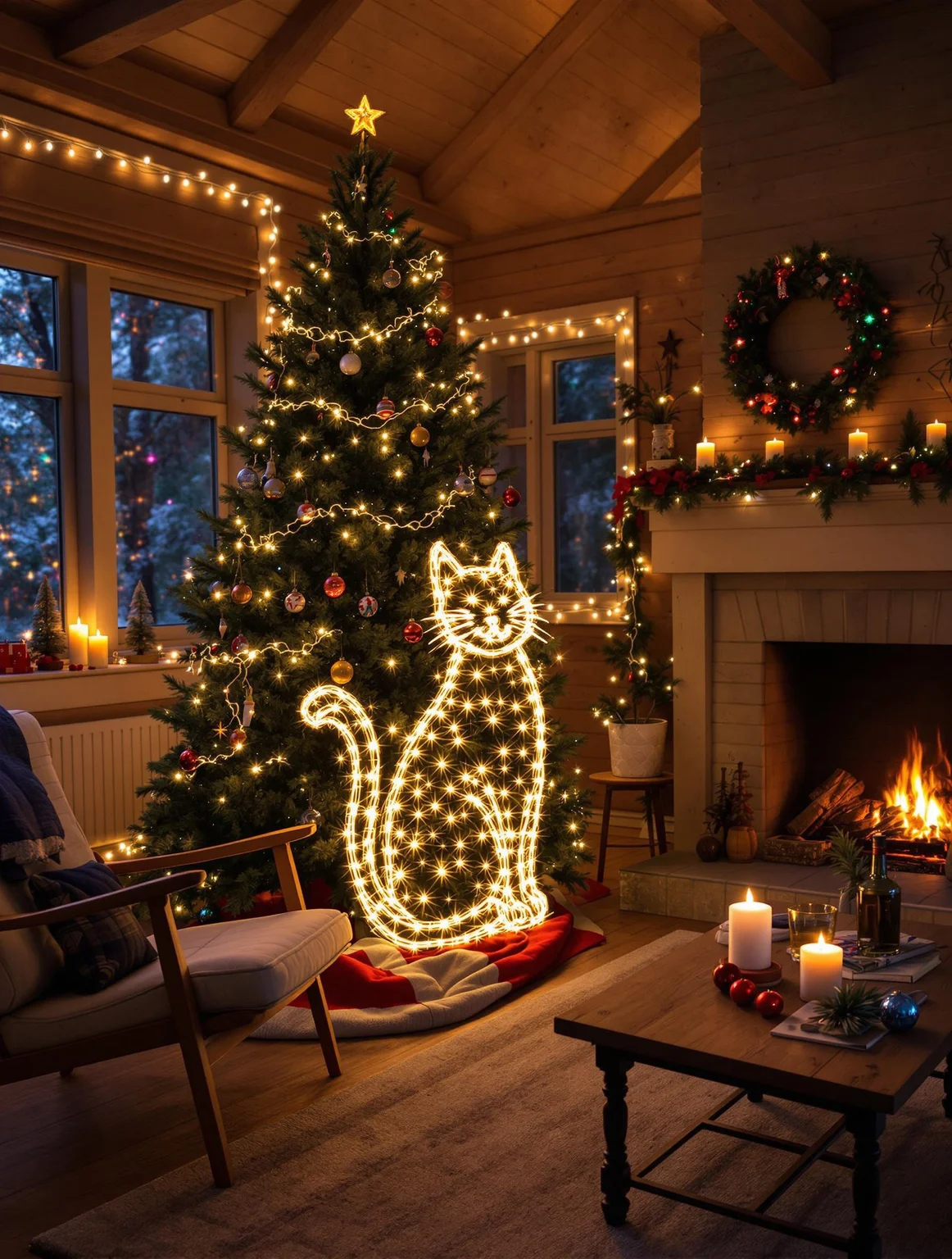 A Christmas tree, with a Christmas lights made in a shape of large cat, dim light, a chair, rustic cabin style room, with big fireplace, s coffee table with glög and festive decorations, lights around window frames, candle lights on walls, colourful lights