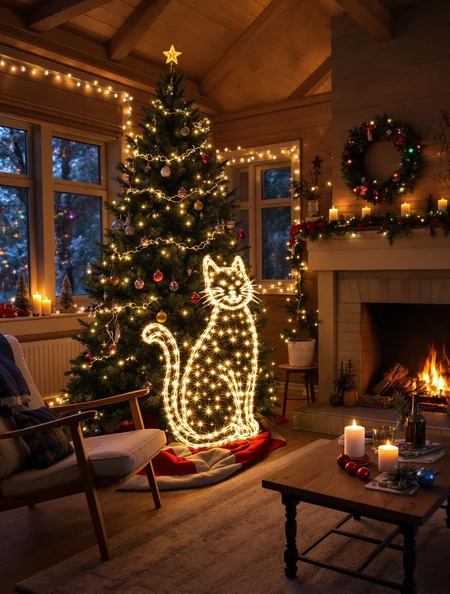 A Christmas tree, with a Christmas lights made in a shape of large cat, dim light, a chair, rustic cabin style room, with big fireplace, s coffee table with glög and festive decorations, lights around window frames, candle lights on walls, colourful lights
