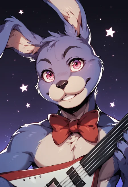 score_9, score_8_up, score_7_up, score_6_up, solo, dynamic pose, low angle, side view, (bonnie, furry), pink eyes, rabbit, fnaf, red bow tie, half body, holding instrument, guitar, cover, looking at viewer, purple background, bright background, detailed, detailed face, correct, light particles, stars, close mouth <lora:Bonnie-v1:0.88>