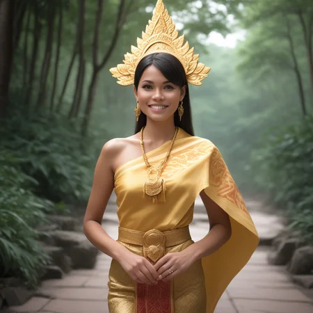 masterpiece, best quality, amazing quality, girl, black hair, brown eyes, portrait shot, long hair, straight hair, side swept bangs, medium breasts, perfect eyes, 8k, highest quality, ultra details,1girl, solo, perfect brown eyes ,long black hair, tan skin, thailand girl, Thailand traditional clothing, (pink Chut Thai Dress:1.2), (yellow strapless Silk Chut Thai Dress, yellow sabai shawl over right shoulder, shawl hanging straight down, Left shoulder bare,bare arms, yellow and red Sinh skirt:1.5), Gold Thai headpiece, Gold Bangles, Gold earrings, gold heels, Gold Necklace, model photoshoot, Break, walking, in the thai temple, agnkor wat, , lush green forest,waterfall in the background, forested background, tree canopy covers sky, crepuscular sun beams,( portrait shot,:1.2), cute, happy, blush, air kiss, looking at viewer,