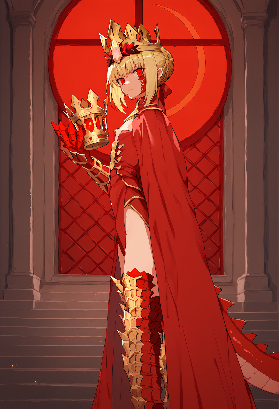 blonde hair, french braid, single hair bun, red eyes, facial mark, body markings, scales, red dress, dragon tail, mesugaki, flat chest, age regression, crown, armored legwear, dragon claw, crown, standing, houlding cup, golden cup, chalice, indoors, mansion, serious, looking at viewer, from side, window, night sky, red moon, eclipse <lora:Nero_Draco:1><lora:Mochiron_yo_da_yo:1>, score_9, score_8_up, score_7_up, score_6_up, score_5_up, score_4_up, BREAK source_anime, masterpiece