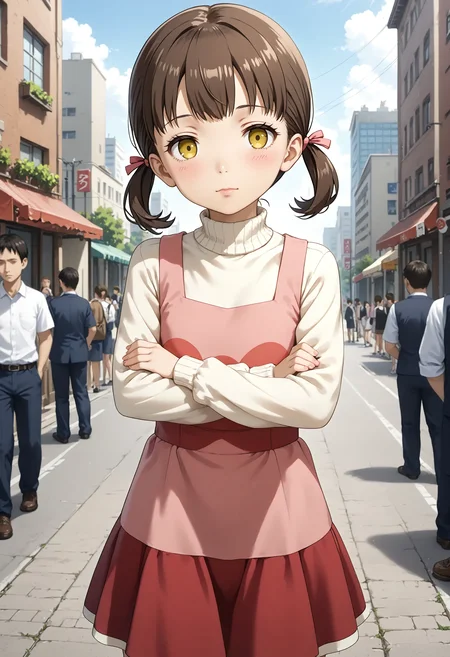 <lora:Hyper-SDXL-8steps-lora:1> <lora:Fixhands_anime_bdsqlsz_V1:1> zPDXL2, score_9, score_8_up, score_7_up, source_anime, intricate details, perfect anatomy BREAK
outdoors, city, tokyo, japan, audience, crowd, crossed arms, upper body, looking at viewer, expressionless, 1girl, solo, solo focus, 
<lora:P4-doujima_nanako_XL(pony)v10:1> p4-shadow_nanako, brown hair, low twintail, yellow eyes, empty eyes, p4-nanako outfit, pink dress, white sleeves, red skirt, white socks, red shoes,