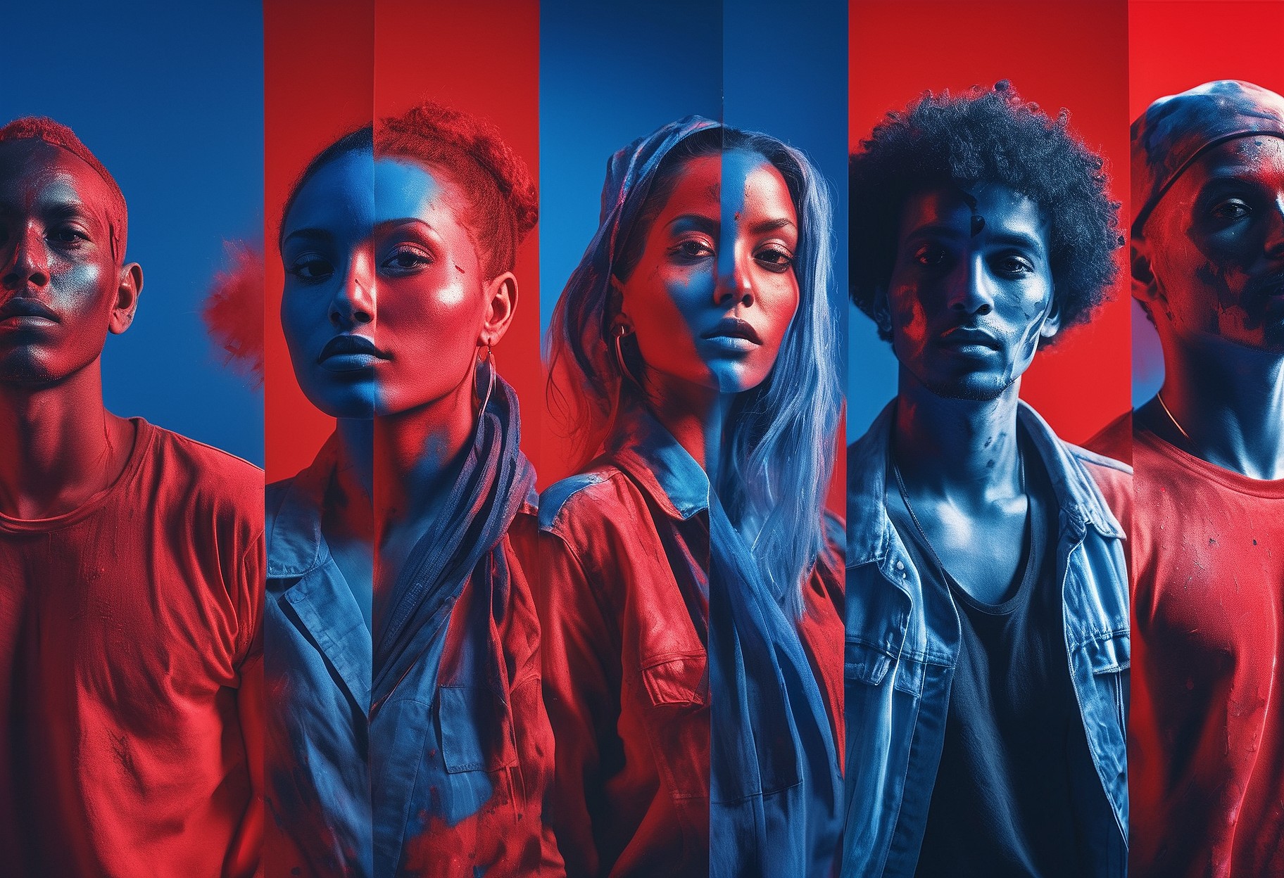 a picture of a Group of people, in the style of vibrant collage, color photography, spray painted, exotic, light indigo and red, close-up, studio photography, negative colors, split tones