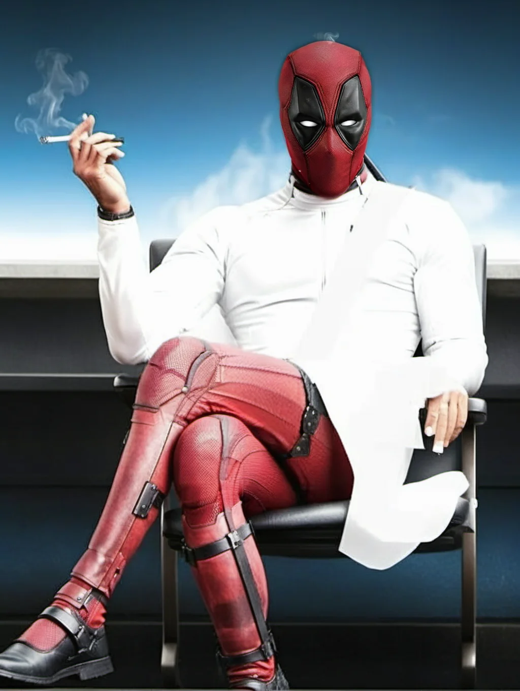 a man with a mask sitting on a chair smoking a cigarette, cinematic photo, Deadpool1024, . 35mm photograph, film, bokeh, professional, 4k, highly detailed <lora:Deadpool1024-000280:0.9>