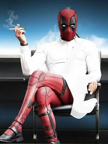 a man with a mask sitting on a chair smoking a cigarette, cinematic photo, Deadpool1024, . 35mm photograph, film, bokeh, professional, 4k, highly detailed <lora:Deadpool1024-000280:0.9>