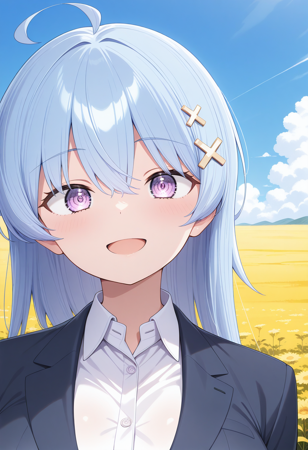 yowayowa, purple eyes, blue hair, ahoge, long hair, cross hair ornament, suit, jacket, collared shirt, <lora:yowayowa_illustrious_ver1:0.8> 
1girl, solo, (field:1.2), (blue sky:1.2), looking at viewer, smile, huge breasts,, masterpiece, best quality, general,, (upper body:1.2), (close-up:1.2), (facing viewer:1.2), (open eyes:1.4), (portrait:1.2)