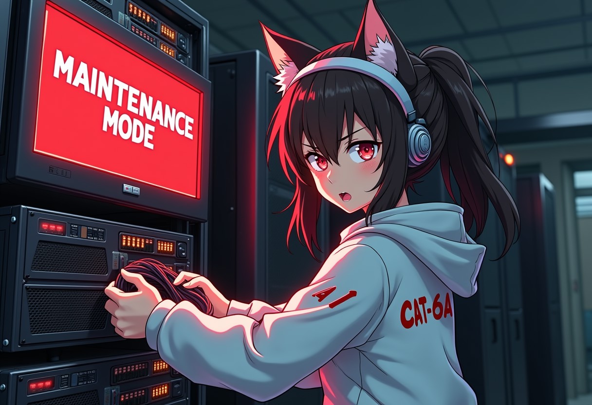 An angry anime catgirl mechanic, she wears a white jacket that says "CAT-6A" on her back, she is pulling network cables from a server rack, The servers have stenciled on them "CIVIT-AI" the room is messy, (One server is on fire), a monitor on the wall red pixel font text that says "MAINTENANCE MODE" in the center.