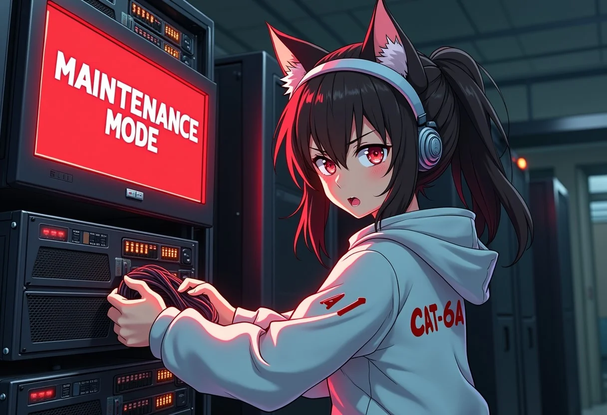 An angry anime catgirl mechanic, she wears a white jacket that says "CAT-6A" on her back, she is pulling network cables from a server rack, The servers have stenciled on them "CIVIT-AI" the room is messy, (One server is on fire), a monitor on the wall red pixel font text that says "MAINTENANCE MODE" in the center.