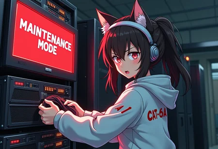 An angry anime catgirl mechanic, she wears a white jacket that says "CAT-6A" on her back, she is pulling network cables from a server rack, The servers have stenciled on them "CIVIT-AI" the room is messy, (One server is on fire), a monitor on the wall red pixel font text that says "MAINTENANCE MODE" in the center.
