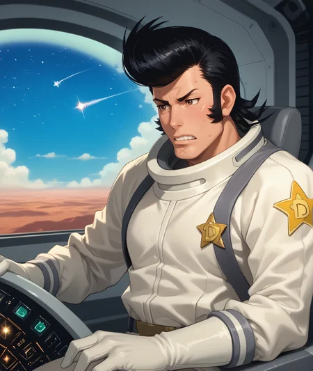 score_9, score_8_up, score_7_up, spacecraft, star \(sky\), cockpit, sparkle,
BREAK
1boy, solo, manly, dandy \(space dandy\), space dandy, (muscular), pompadour, sideburns, black hair, spacesuit, gloves, frown, brown eyes, clenched teeth, sweat, piloting,
<lora:spacedandy:1>