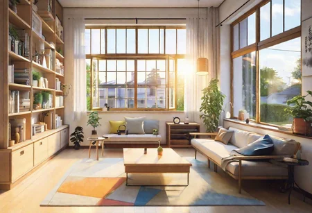 anime-style, modern-style interior, with white walls and large windows, Nordic-style furniture, a  study, Sofa, coffee table, bookcase, single wall, 
warm light morning sun, the view of the city