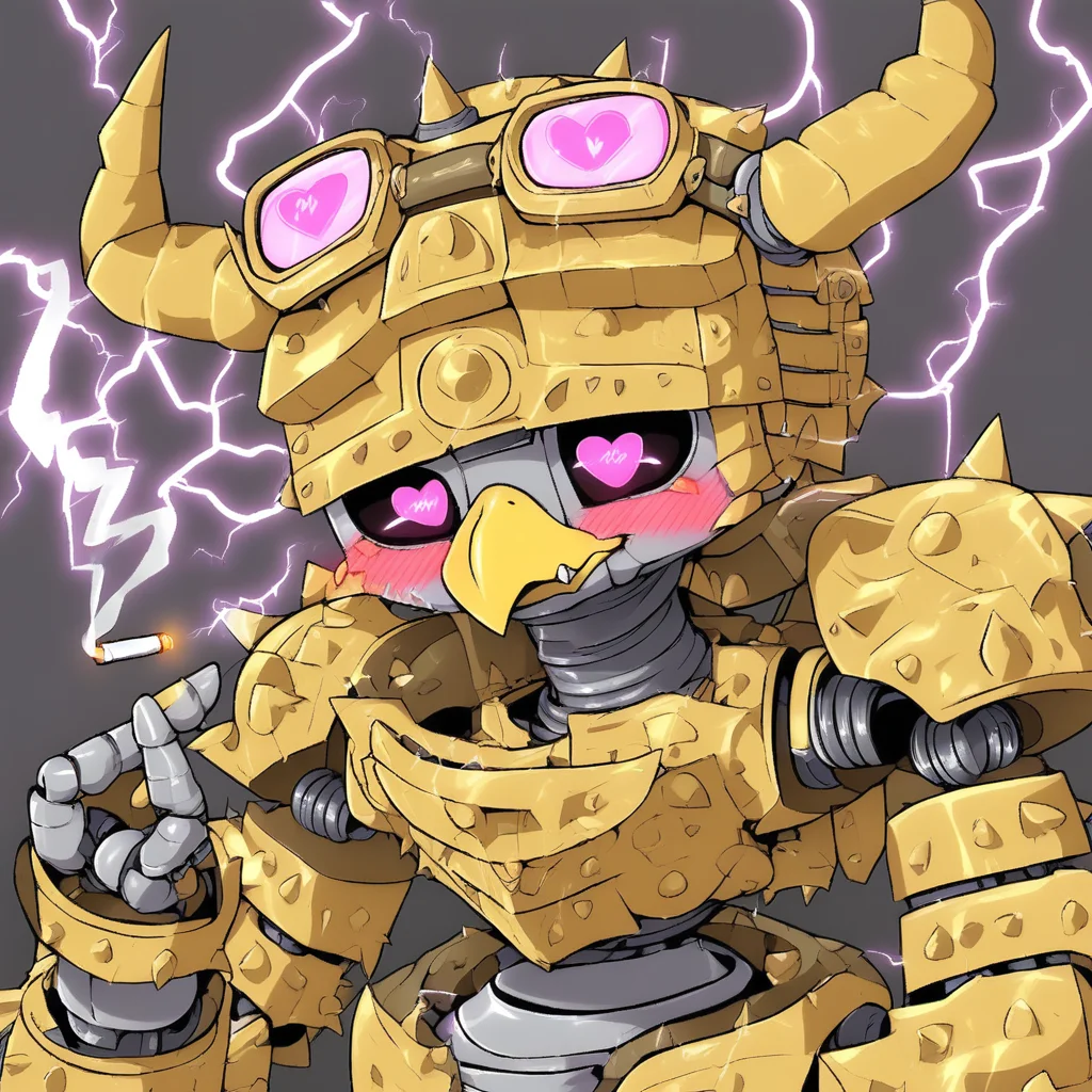 fangs out, cactus, goggles, bug, gold armor, blush, beak, pink bow, heart in eye, no humans, horns, robot joints, electricity, cigarette