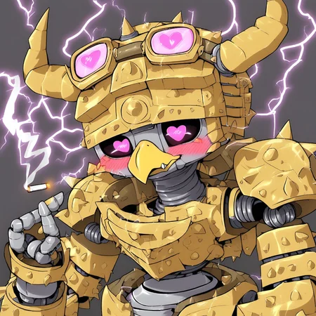 fangs out, cactus, goggles, bug, gold armor, blush, beak, pink bow, heart in eye, no humans, horns, robot joints, electricity, cigarette