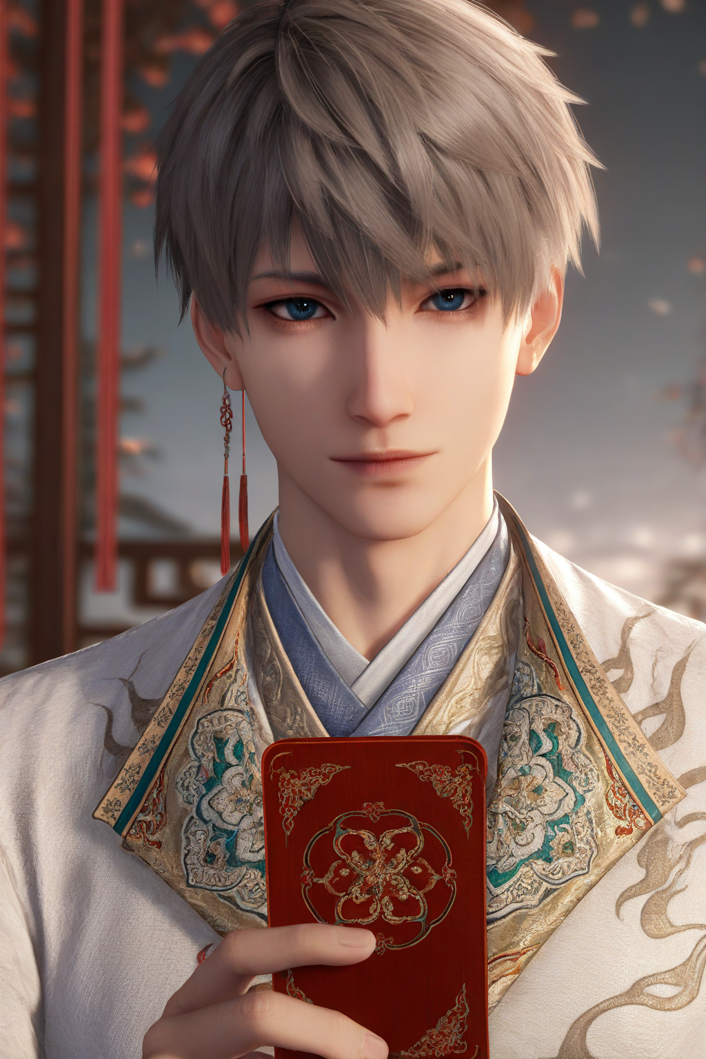<lora:xavier-NAI:0.7>,xavier, 1boy, male focus, solo, earrings, jewelry, looking at viewer, blurry, upper body, holding, blurry background, chinese clothes,lips, short hair, closed mouth, grey hair,yaoi,bara,male focus,very awa,masterpiece,best quality,amazing quality,nsfw,uncersored,highres,best quality,amazing quality,best aesthetic,absurdres,