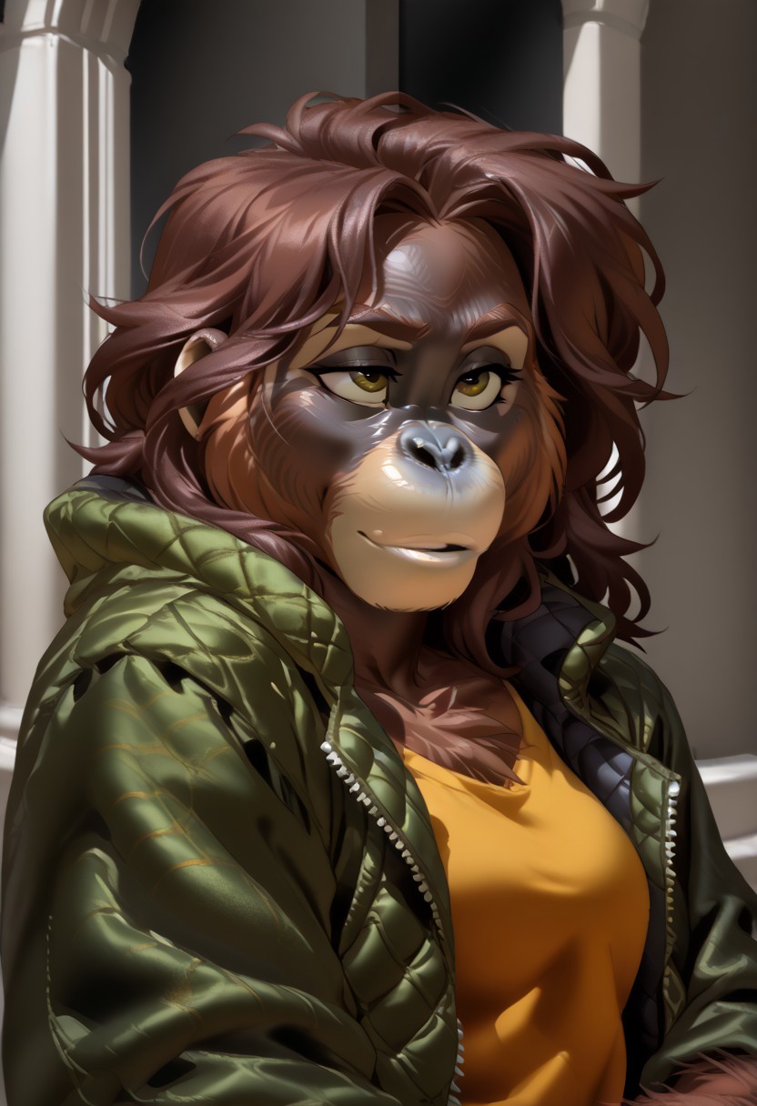score_9, score_8_up, score_7_up, (by jailbird:1.5), (by kittydee:1.5), (by zummeng:1.5), masterpiece, best quality, (solo), 
 (Furry Art: orangutan:1.5), expressive eyes, feminine eyes, <lora:beautiful_detailed_eyes:1>, perfect face, feminine face, feminine body, ape, red fur, black skin, (brunette hair:1.5), (long hair), large breasts, (jacket:1.5), (t-shirt:1),