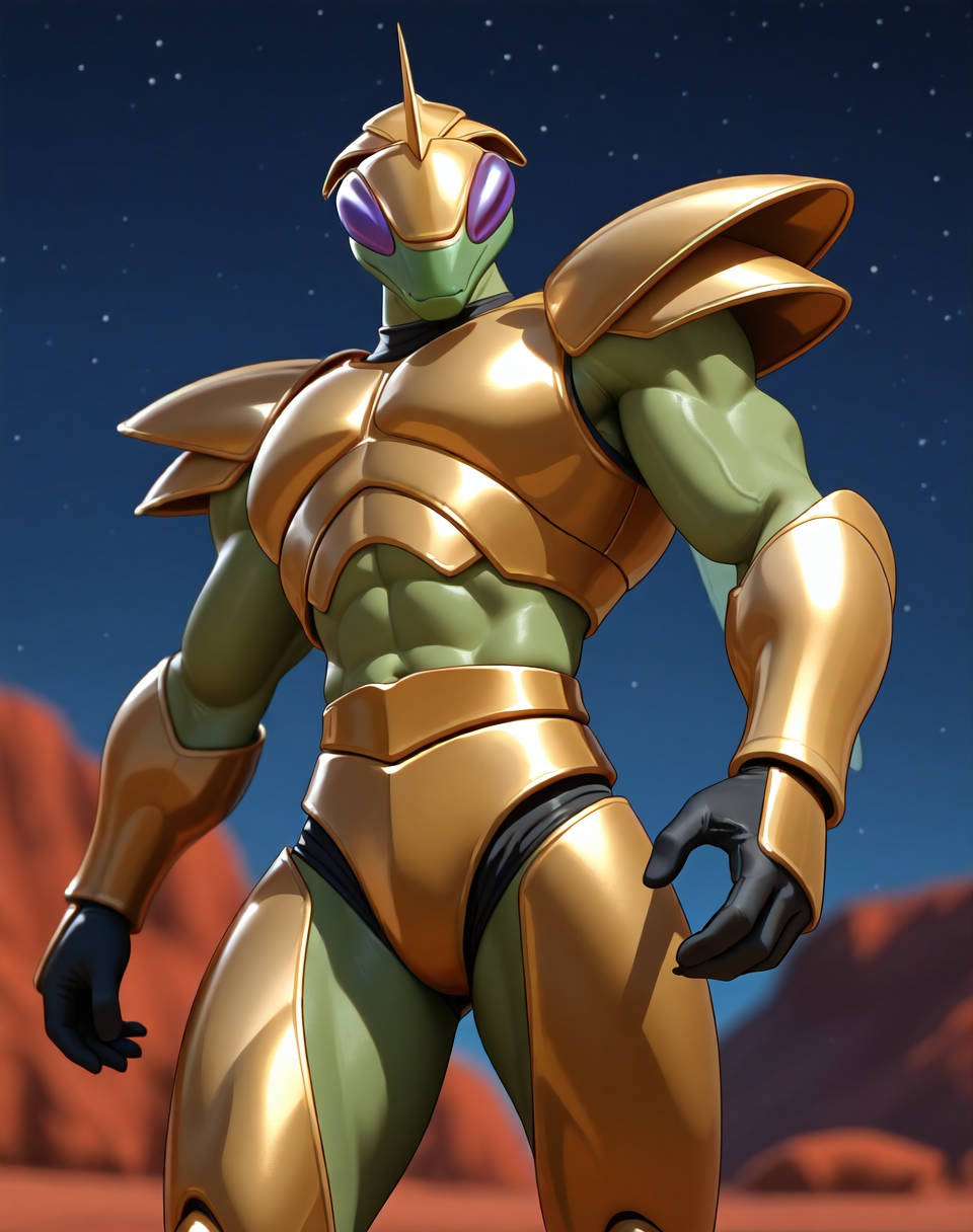 <lora:Hyper_Katris_(Shinzo)_(Illustrious)_(AD):1> Hyper Katris, mantis, Shinzo, 
((
exterior, anime night sky, anime mountains, bent leg, cowboy shot, 
dynamic action, insect anthro, male focus, strong warrior, manly, bounty hunter, villain, glossy gold armor, green body, manly, masculine, handsome, dashing good looks, arm flex, 
)),
BREAK: very awe, aesthetically pleasing, masterpiece, best quality, amazing quality, very aesthetic, perfect depth of field shot, gradient coloring, subsurface reflections, source_furry, furry_art, 8K CGI 3d rendering, vivid colors, photographic realism, source_anime, masterclass anime, 
masterpiece, best quality, amazing quality, very aesthetic, high resolution, ultra-detailed, absurdres, newest, scenery, {Prompt}, BREAK, detailed background, volumetric lighting, 
BREAK: lazympos, lazypos (3), lazyreal,