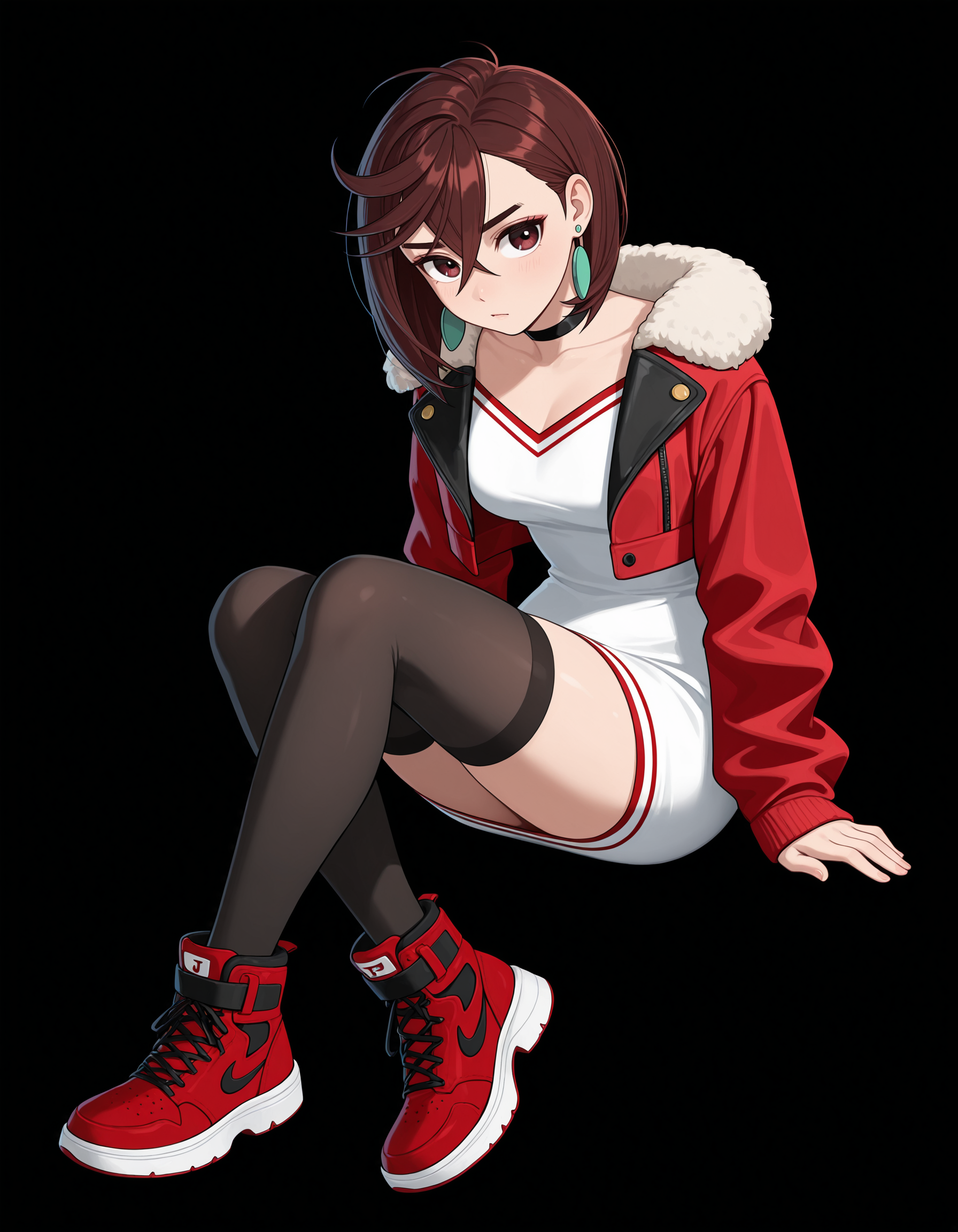 <lora:Ayase Momo Illu v3:1>
1girl, solo,
ayasemomo, brown hair, short hair, hair between eyes, crossed bangs, black choker, earrings,
j4cket, cropped jacket, red jacket, black choker, white dress, short dress, red accents, fur trimmed jacket, long sleeves, black thighhighs, open jacket, red footwear, high tops, 
sitting,, masterpiece, best quality, amazing quality,, (simple background, black background:1.5),