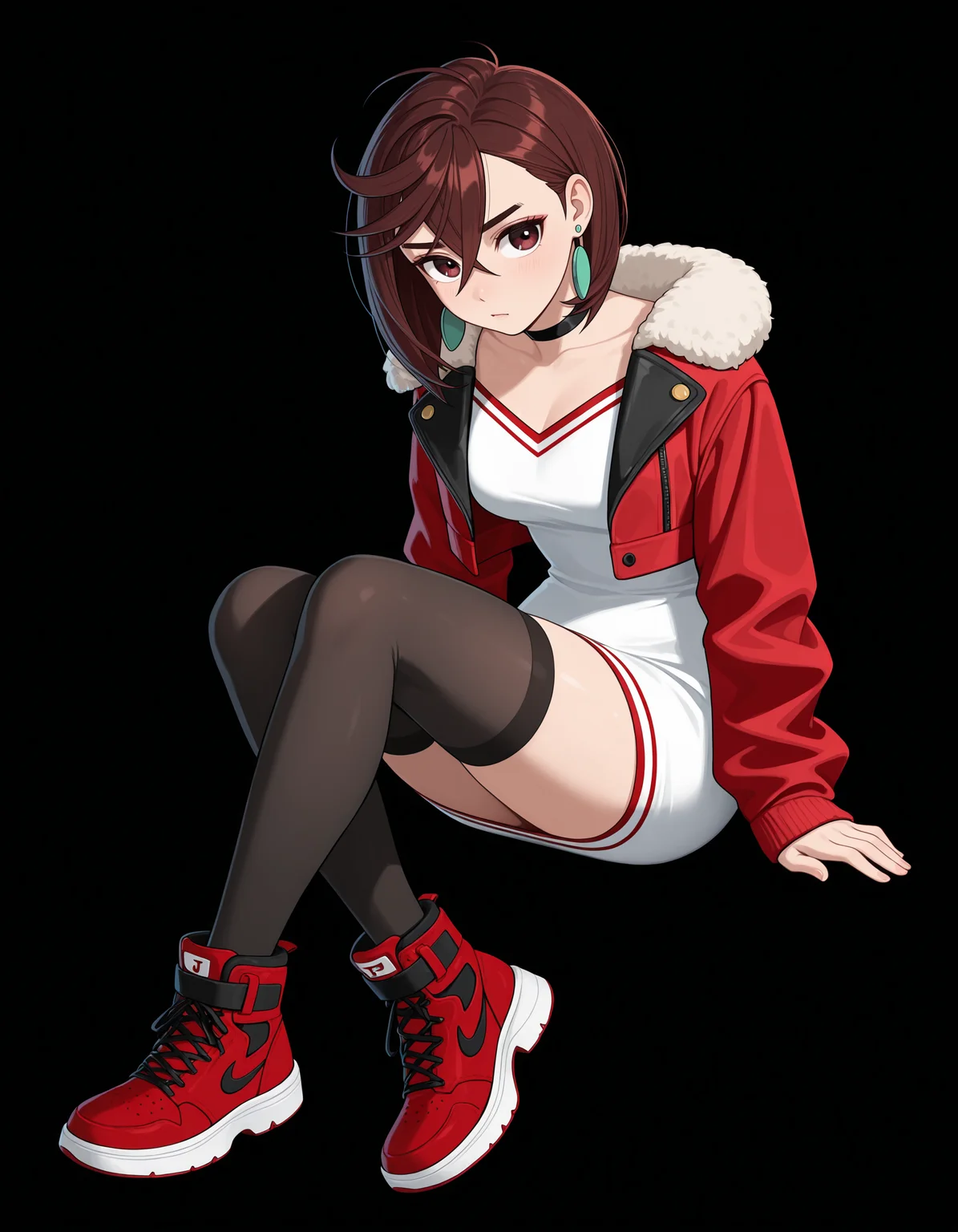 <lora:Ayase Momo Illu v3:1>
1girl, solo,
ayasemomo, brown hair, short hair, hair between eyes, crossed bangs, black choker, earrings,
j4cket, cropped jacket, red jacket, black choker, white dress, short dress, red accents, fur trimmed jacket, long sleeves, black thighhighs, open jacket, red footwear, high tops,
sitting,, masterpiece, best quality, amazing quality,, (simple background, black background:1.5),