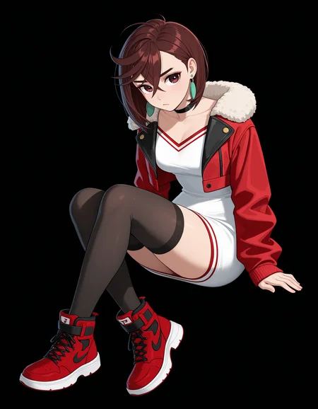 <lora:Ayase Momo Illu v3:1>
1girl, solo,
ayasemomo, brown hair, short hair, hair between eyes, crossed bangs, black choker, earrings,
j4cket, cropped jacket, red jacket, black choker, white dress, short dress, red accents, fur trimmed jacket, long sleeves, black thighhighs, open jacket, red footwear, high tops,
sitting,, masterpiece, best quality, amazing quality,, (simple background, black background:1.5),