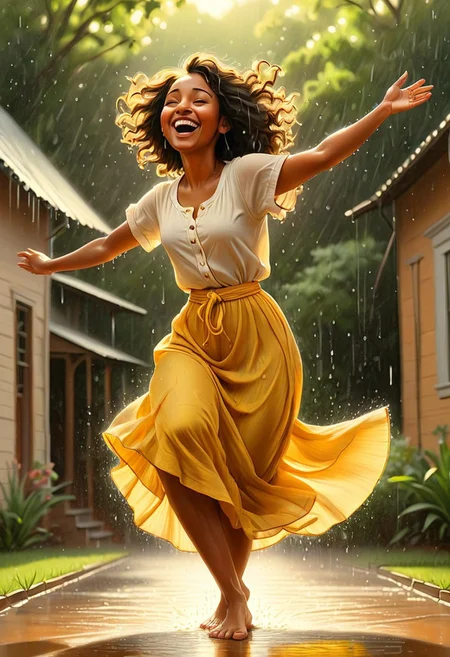 Jed-Pen,
A joyous woman dances barefoot in the middle of a summer downpour, arms outstretched and face turned upward. Droplets catch the golden glow of the late afternoon sun, creating a scene of pure, unfiltered happiness., folk-art style, bold simplified forms, flat perspectives, earthy color palette, narrative compositions, African American life, expressive texture, emotional depth, storytelling focus, unique light and shadow, direct and unembellished, personal and cultural heritage