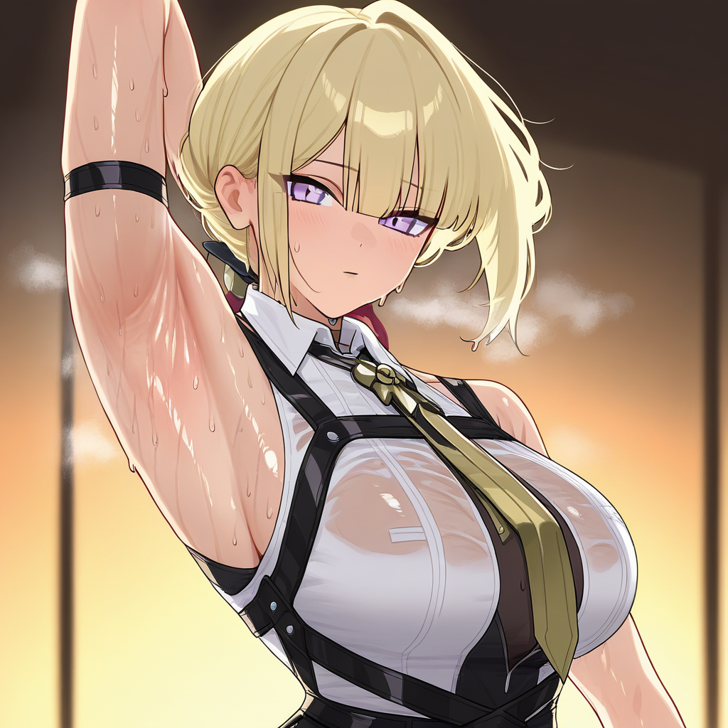 1girl, evelynzzz, solo, blonde hair, purple eyes, looking at viewer, white shirt, necktie , black pants, bare shoulders, sleeveless, showing armpits, sweat, wet, steam,