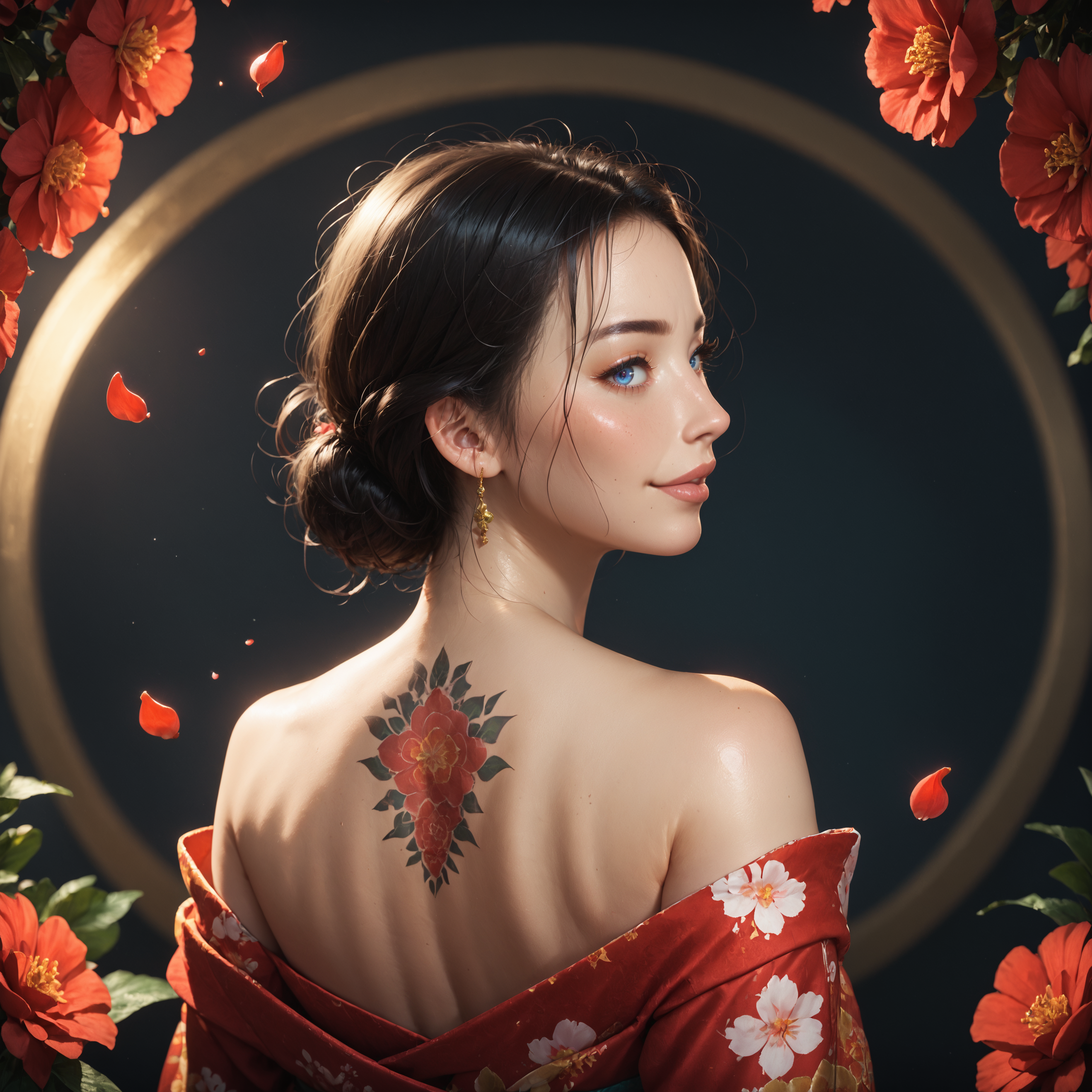 score_9, score_8_up, score_7_up, score_6_up, score_5_up, score_4_up, Japanese  girl, floral kimono, shoulders tattoo, large back tattoo,  exposed shoulders, from behind, beautiful face, thick eyelashes, glossy eyes, black hair, cute smile, dark eyeshadow, floral decoration in hair, falling petals, beautifully backlit, wide shot, source_photo, realistic,
<lora:glowneon_xl_v1:0.6>   <lora:Expressive_H:.8> <lora:43stl1ght1ngXLP2:0.5> 43stl1ght1ng,, volumetric lighting, depth of field, cinematic