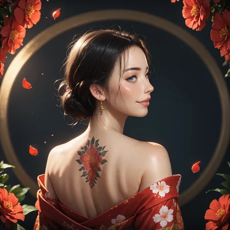 score_9, score_8_up, score_7_up, score_6_up, score_5_up, score_4_up, Japanese girl, floral kimono, shoulders tattoo, large back tattoo, exposed shoulders, from behind, beautiful face, thick eyelashes, glossy eyes, black hair, cute smile, dark eyeshadow, floral decoration in hair, falling petals, beautifully backlit, wide shot, source_photo, realistic,
<lora:glowneon_xl_v1:0.6> <lora:Expressive_H:.8> <lora:43stl1ght1ngXLP2:0.5> 43stl1ght1ng,, volumetric lighting, depth of field, cinematic