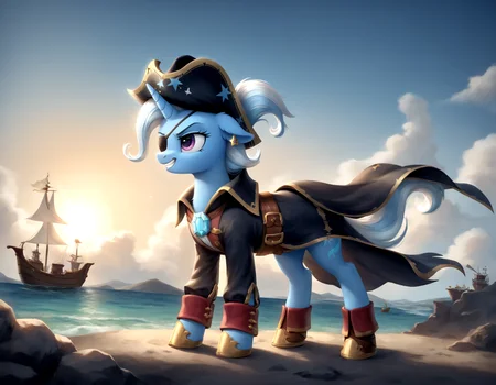 score_9, score_8_up, score_7_up, score_6_up, score_5_up, score_4_up, source_pony, , solo, 1girl, pony, mlp, Trixie, (pirate hat:0.9), (jewelry:1.2), pirate captain, sword, command, sailing ship, windy, (open sails:1.3), distant island, action pose, eyepatch, black cape, (tail:1.2), highly detailed, masterpiece, high resolution, realistic, beautiful aesthetic, fluffy, SoftWaterColor, secretlab, novuschroma60 style bokeh