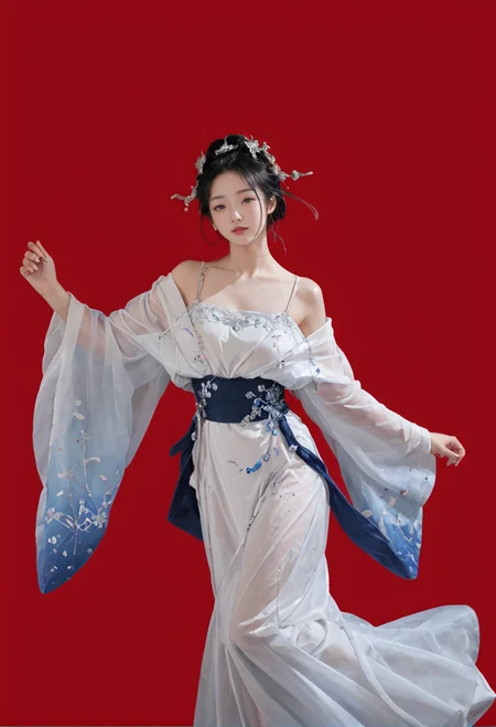 red background,1girl,solo,barefoot,dancing,,ruanyi0759,blue dress,hanfu,jewelry,veil,off shoulder,wide sleeves,white dress,<lora:0759 Yingluo blue Hanfu_v1_pony:1>, score_9,score_8_up,score_7_up,,8k,1girl,solo,