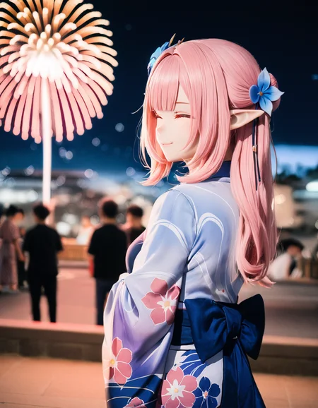 1girl,
elysia \(honkai impact\),
(blurry:1.1), (bokeh:1.1), kimono, evening, night sky, film grain, hair bun, print kimono, hair stick, solo focus, smile, closed eyes, japanese clothes, blue flower, hair flower, depth of field, sky, flower, long hair, yukata, pink hair, pointy ears, back bow, sidelocks, closed mouth, fireworks, aerial fireworks, outdoors, night, floral print, elf, hair ornament, upper body, bow,
masterpiece, best quality, safe
<lora:kig_xl_v1-000021:0.8>