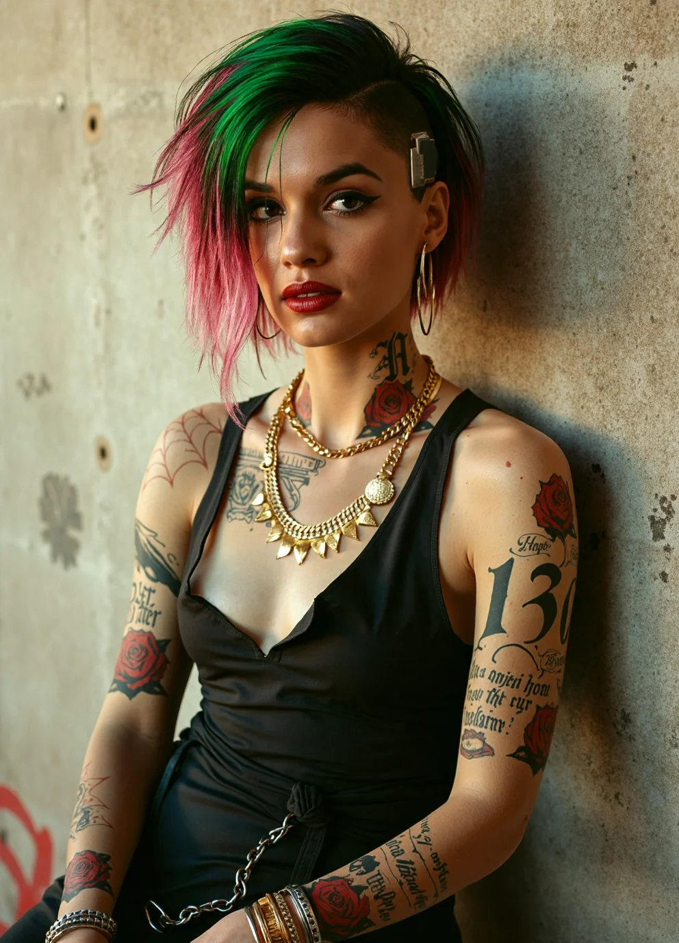 In this evocative early-90s-inspired portrait, a striking young judy alvarez leans casually against a textured wall, her presence radiating a bold and rebellious energy. Captured with a vintage film camera, the image exudes the warmth and grainy imperfection of the era, emphasizing the raw, unfiltered character of the moment. A soft, golden light falls unevenly across her figure, illuminating the intricate details of her heavily tattooed skin, which tells a story of defiance and resilience through elaborate, artful designs.
Her messy green-pink hair cascades in wild waves around her face, framing her piercing eyes that glint with a fierce and unyielding confidence. The untamed locks, highlighted by subtle streaks of sun-kissed bronze, add to her effortlessly chaotic charm, hinting at a life lived unapologetically.
She wears a fitted black high-neck dress that clings to her hourglass figure, highlighting her small waist, wide hips, and natural bust. The simplicity of her attire contrasts sharply with the extravagance of her jewelry: layered gold necklaces, some adorned with small medallions and pendants, drape across her décolletage, drawing attention to the tattoos peeking from beneath the fabric. Her fingers and wrists are adorned with a mix of gold and silver rings, bangles, and chunky bracelets, each piece a statement of individuality and opulence. Large hoop earrings catch the light, adding a touch of bold femininity to her edgy look.
Her expression is one of raw determination and quiet pride, her lips painted in a deep crimson that contrasts vividly with her glowing, sun-kissed complexion. The tattoos on her arms, neck, and collarbones are intricate and mesmerizing, their dark lines standing out against her skin, blending gothic elegance with urban grit.
The background is a muted blend of weathered concrete and faint graffiti, its monochrome tones serving to amplify the vibrant presence of the woman at its center. The overall composition captures a unique juxtaposition of beauty, rebellion, and grace, portraying her as a modern-day gangster brideâunapologetic, commanding, and unforgettable. The photographâs analog aesthetic, enhanced by the subtle grain of Fujicolor Superia X-TRA 400 film, transforms the scene into a timeless portrait of audacity and allure. <lora:Judy_Alvarez_Rank_1_FAST_4x_GPU-000040:1.0>