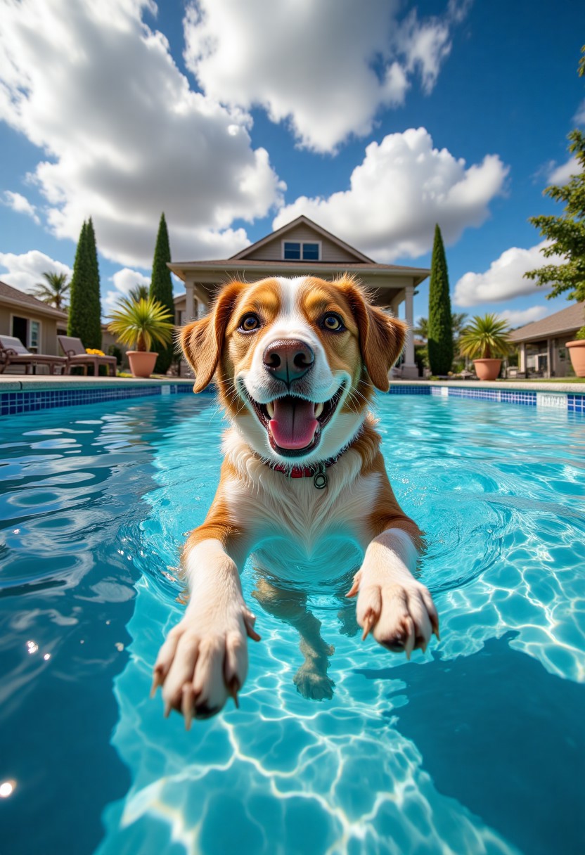 "A fisheye view of a dog jumping into a pool, with the pool looking huge and the dog hilariously small."
, aidmamjv7, aidmamj6.1, aidmaHiDreamStyle