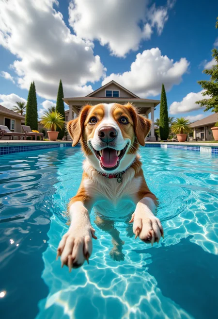 "A fisheye view of a dog jumping into a pool, with the pool looking huge and the dog hilariously small."
, aidmamjv7, aidmamj6.1, aidmaHiDreamStyle